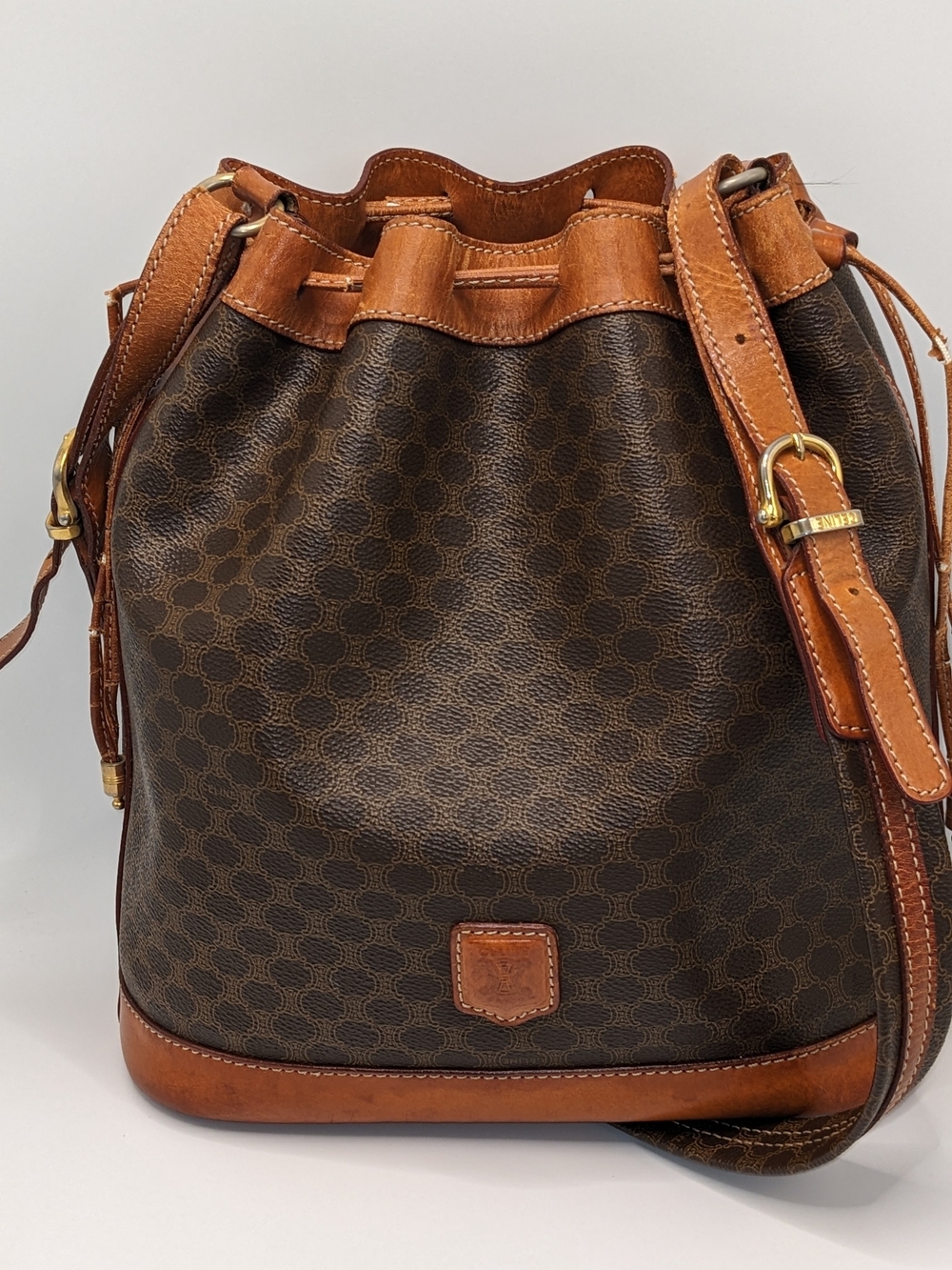 Vintage CELINE Macadam Monogram Bucket Shoulder Bag – Brown Leather – Made in It